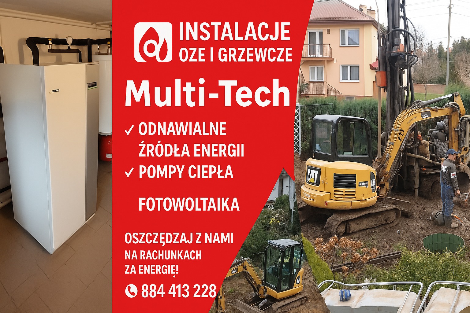 Instalacje OZE i grzewcze Multi-Tech: pompy ciepła, fotowoltaika, odnawialne źródła energii. Na zdjęciu pompy ciepła i prace ziemne z użyciem koparki.