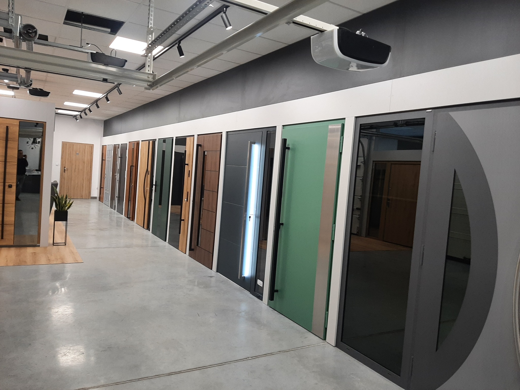 Ekspozycja różnorodnych modeli drzwi w salonie, z przewagą drzwi zewnętrznych, prezentowanych w rzędzie wzdłuż ściany, z widocznym oświetleniem sufitowym i szarą podłogą.