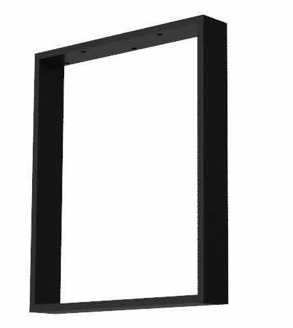 Czarna metalowa rama o kwadratowym przekroju, widoczne otwory montażowe na górnej krawędzi, perspektywa z dołu.