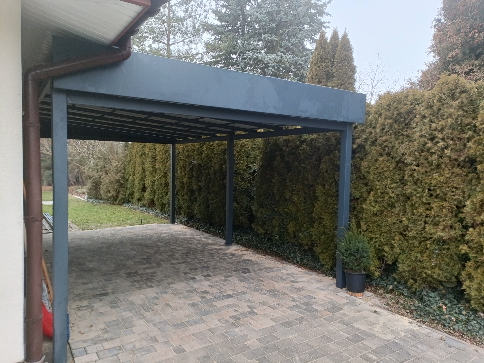 Zadaszenie z metalową konstrukcją, kryte, z widocznym orynnowaniem, na posesji z kostką brukową i tujami w tle.