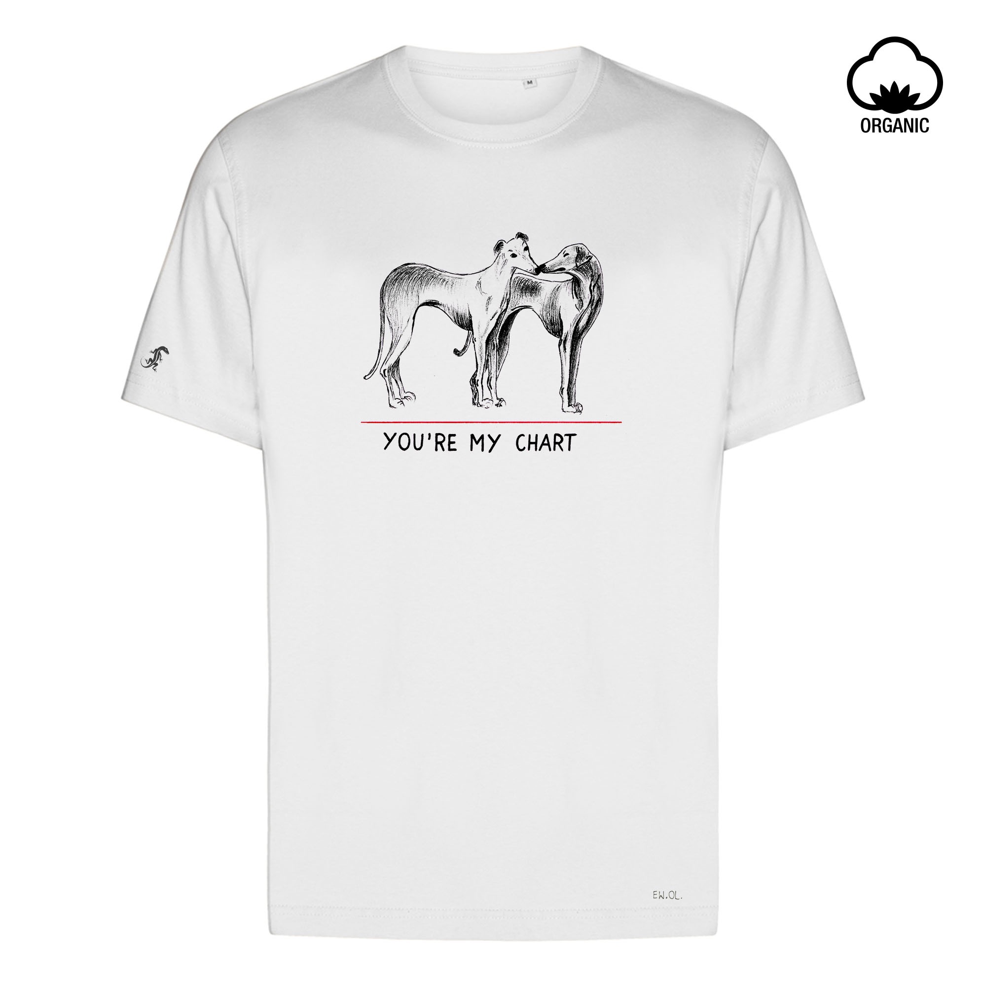 Biała koszulka z nadrukiem dwóch chartów i napisem 'YOU'RE MY CHART', symbol organicznej bawełny w prawym górnym rogu i mała jaszczurka na rękawie.