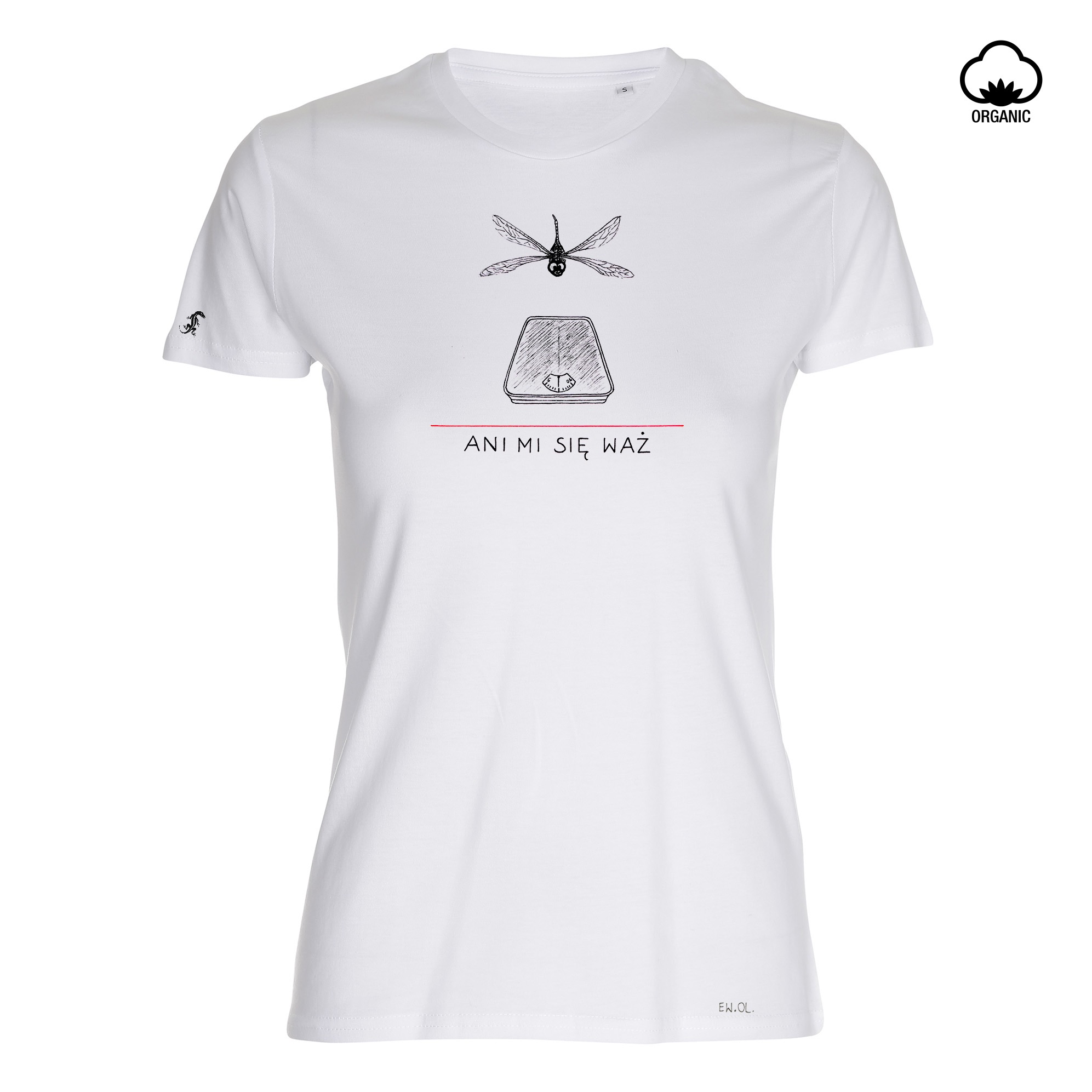 Biała koszulka z krótkim rękawem, z czarnym nadrukiem ważki, wagi i napisu 'Ani mi się waż', symbol organicznej bawełny w prawym górnym rogu.