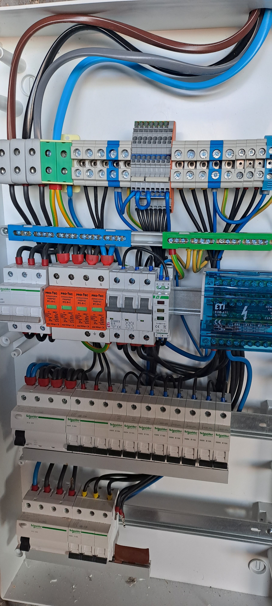Wnętrze skrzynki rozdzielczej z zainstalowanymi bezpiecznikami, ogranicznikami przepięć i przewodami o różnych kolorach, widoczne elementy montażowe i oznaczenia producentów.
