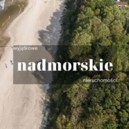 Widok z lotu ptaka na piaszczystą plażę z drewnianym falochronem, przylegający las i budynek mieszkalny z ciemną elewacją w tle.