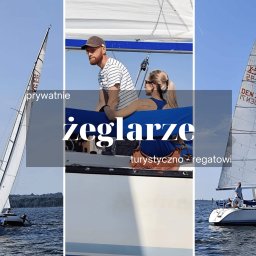 Madro Real Estate Szczecin - Kreatywna sprzedaż nieruchomości - Pas nadmorski - Kolaż zdjęć: żaglówka na jeziorze w pełnym żaglu, para na pokładzie jachtu, żaglówka z numerem DEN 71 podczas regat.