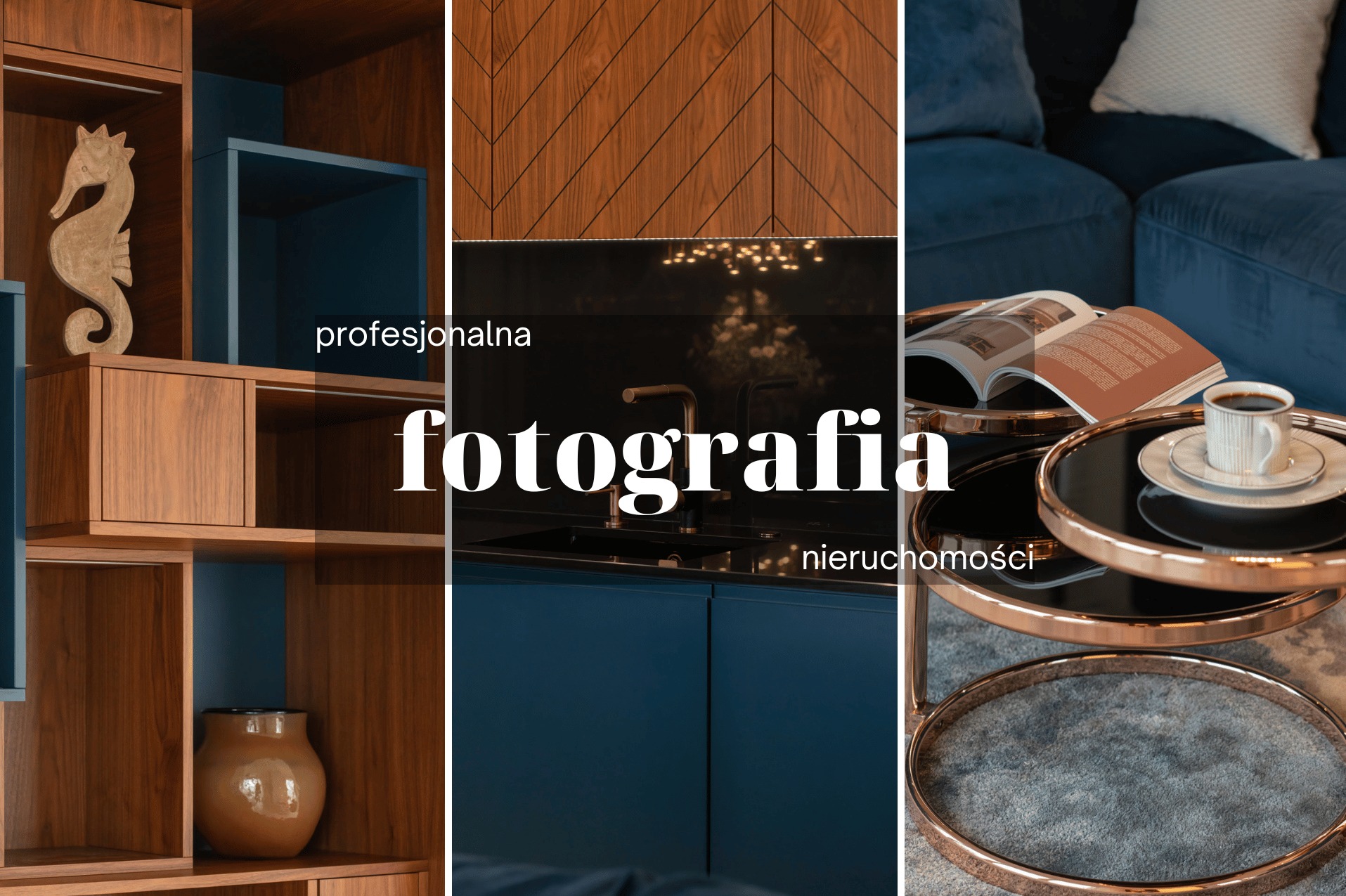 Fragment wnętrza mieszkania: drewniany regał z dekoracyjnym konikiem morskim, ciemnoniebieska zabudowa kuchenna z złotą armaturą i stolik kawowy z filiżanką na tle niebieskiej kanapy.