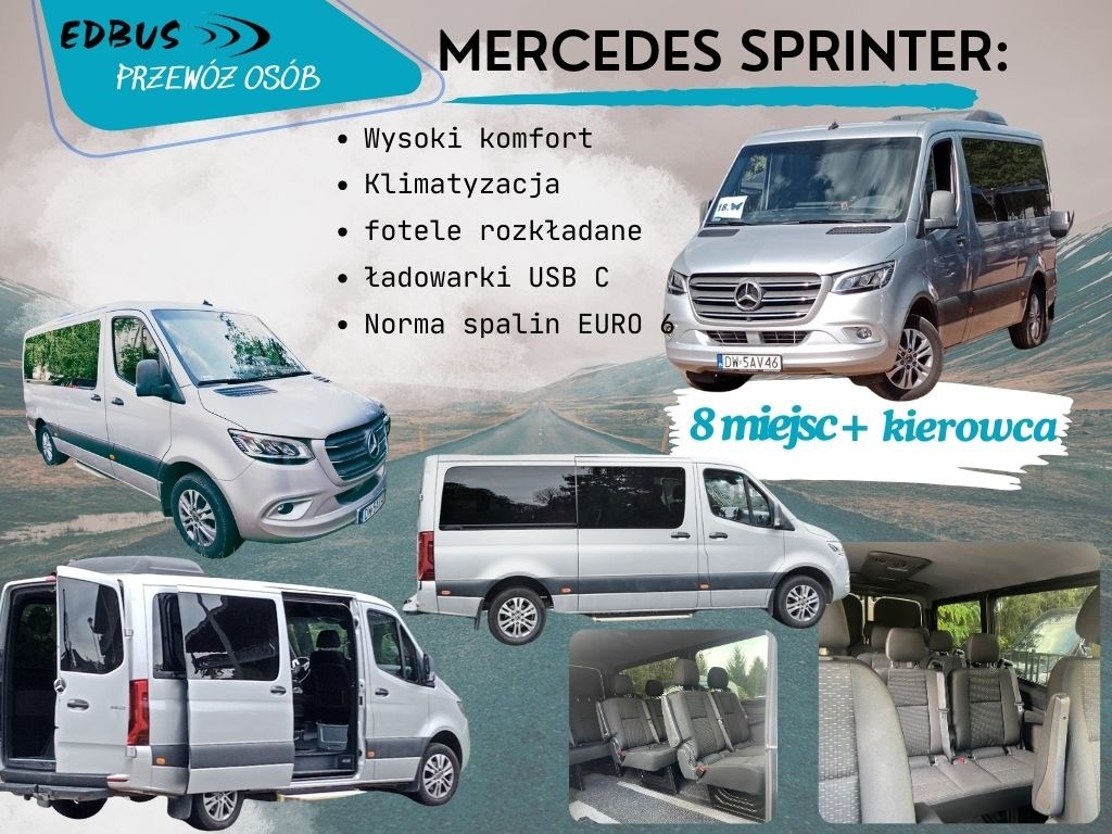 Kompozycja zdjęć srebrnego busa Mercedes Sprinter z widocznym wnętrzem, podkreślająca komfort podróży, klimatyzację, rozkładane fotele, ładowarki USB C i normę spalin EURO 6; napis '8 miejsc +...