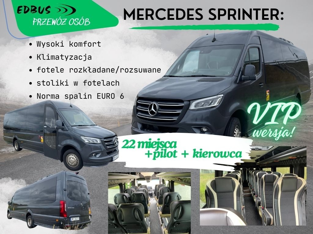 Mercedes Sprinter VIP, szary bus z 22 miejscami plus pilot i kierowca, wnętrze z rozkładanymi fotelami i stolikami, norma spalin Euro 6, logo firmy przewozowej EDBUS.