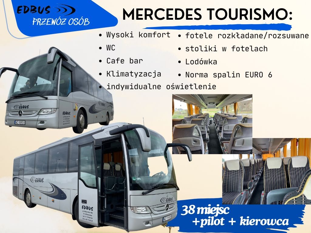 Grafika reklamowa autobusu Mercedes Tourismo firmy EDBUS z informacjami o komforcie, klimatyzacji, WC, cafe barze i 38 miejscach plus pilot i kierowca, z widokiem zewnętrznym i wnętrzem pojazdu.