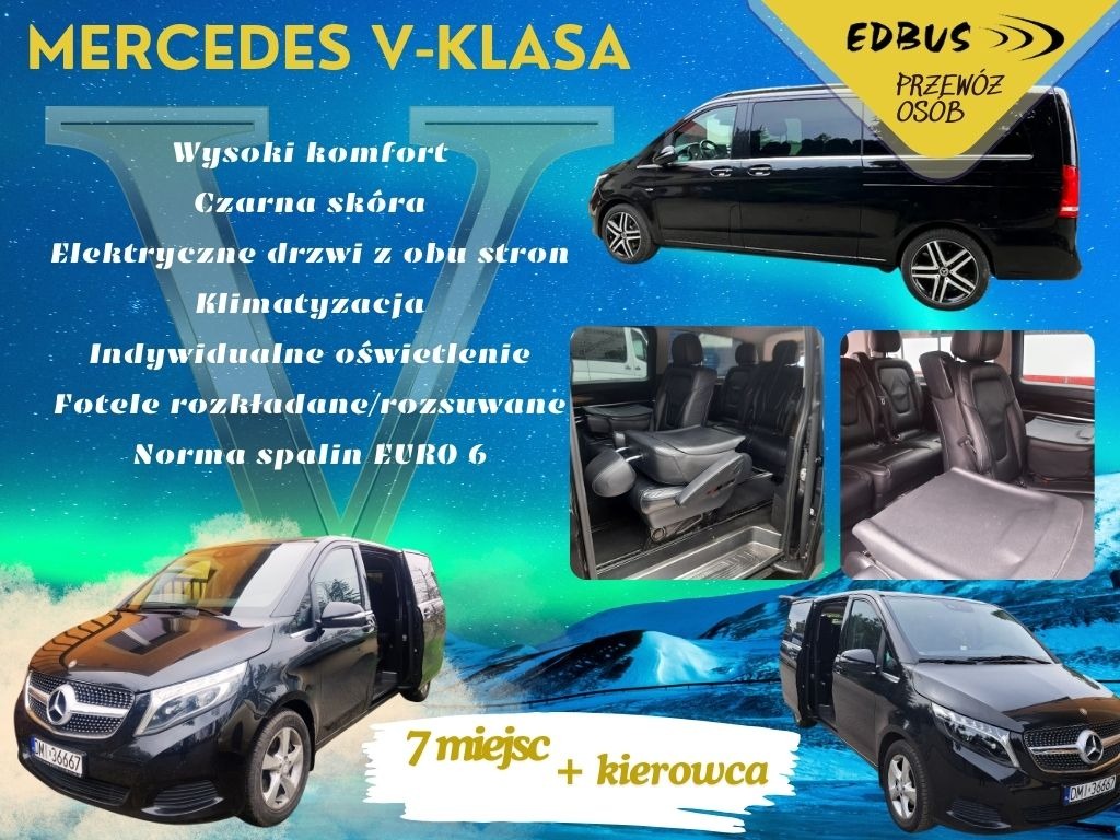 Czarny Mercedes V-Klasa z luksusowym wnętrzem, siedzenia skórzane, rozkładane, komfortowy przewóz osób, logo firmy przewozowej w prawym górnym rogu, informacja o 7 miejscach plus kierowca.