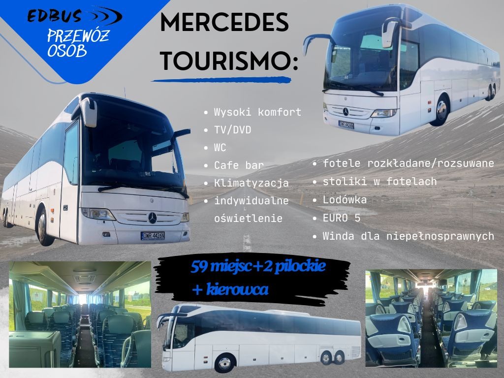 Kompozycja z widokiem na biały autokar Mercedes Tourismo z zewnątrz i wewnątrz, prezentująca komfortowe wyposażenie, takie jak rozkładane fotele, klimatyzacja, WC i winda dla niepełnosprawnych;...