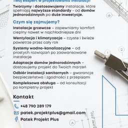PATEK PROJEKT PLUS AGNIESZKA PATEK - Fragment projektu instalacji sanitarnych z widocznym cyrklem kreślarskim, linijką i danymi kontaktowymi firmy Patek Projekt Plus.