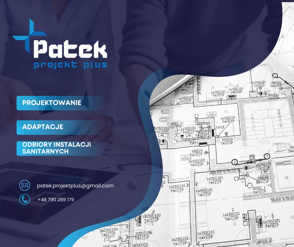 Grafika reklamowa firmy Patek projekt plus z logo, danymi kontaktowymi i hasłami: projektowanie, adaptacje, odbiory instalacji sanitarnych, na tle fragmentu rysunku technicznego instalacji.