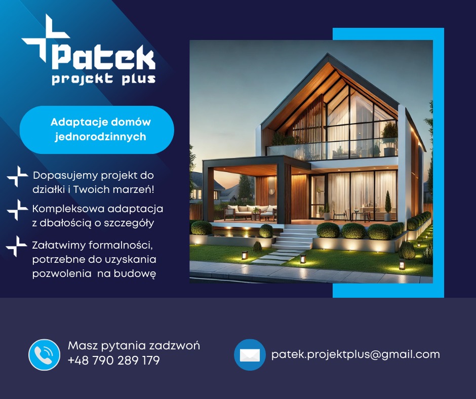Wizualizacja nowoczesnego domu jednorodzinnego z dużymi przeszkleniami, oświetlonym ogrodem i tarasem, prezentowana na tle grafiki reklamowej firmy projektowej Patek Projekt Plus.
