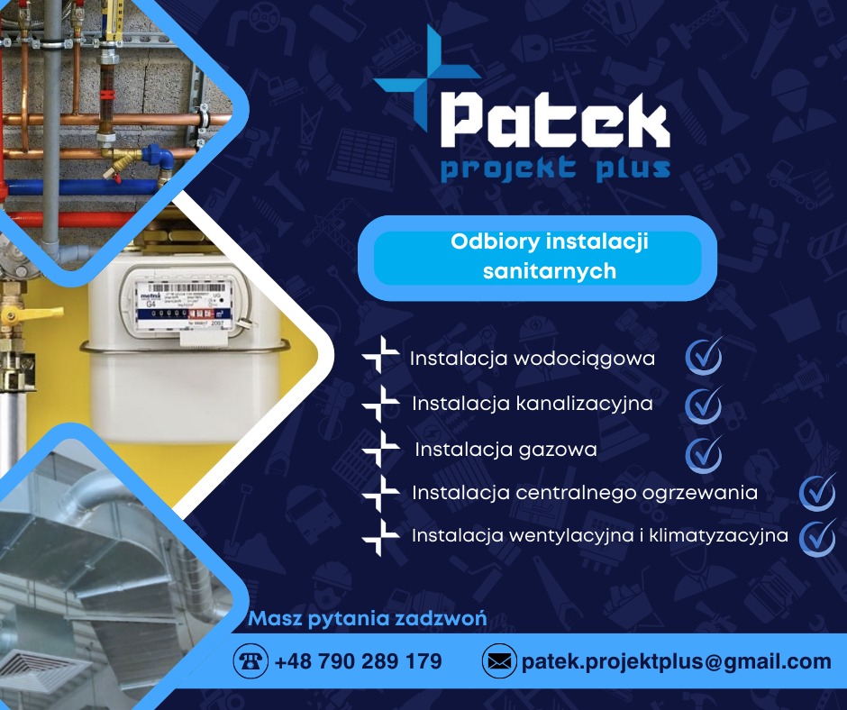 Grafika reklamowa firmy Patek projekt plus oferującej odbiory instalacji sanitarnych, z listą instalacji wodociągowej, kanalizacyjnej, gazowej, centralnego ogrzewania oraz wentylacyjnej...