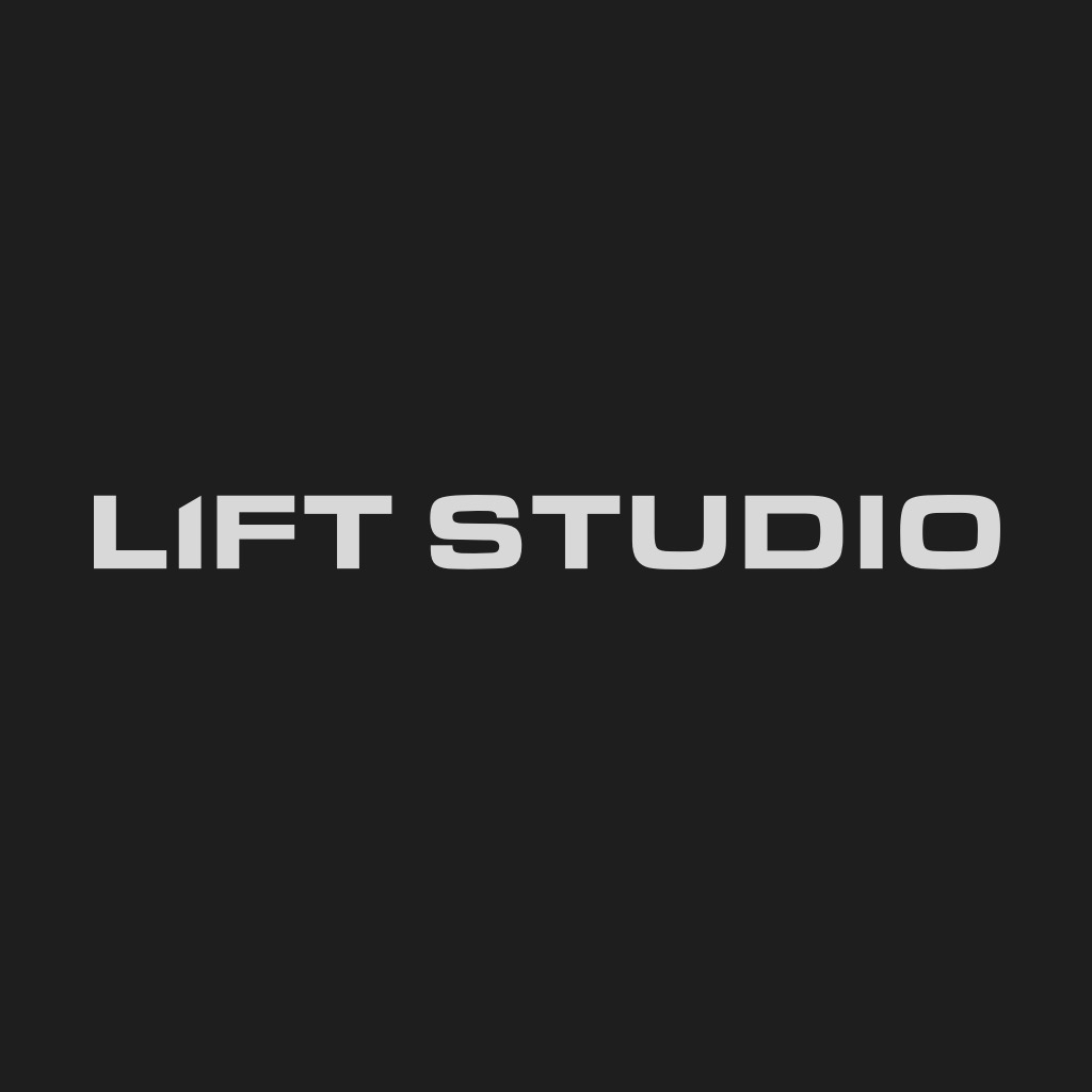 Minimalistyczne logo siłowni Lift Studio na czarnym tle, napisane pogrubioną, bezszeryfową czcionką w kolorze jasnoszarym.