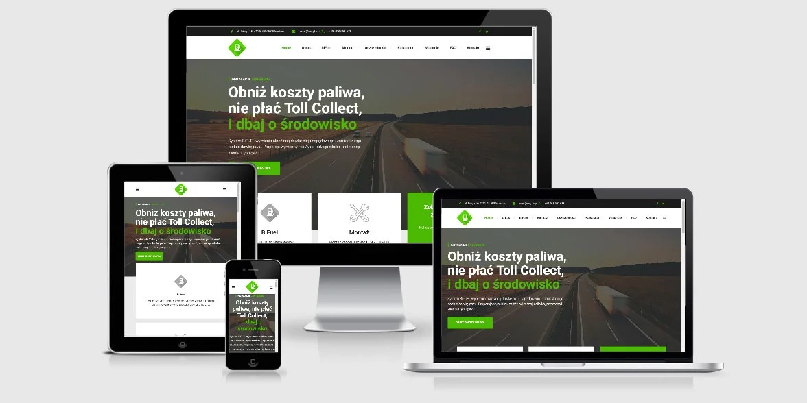 Responsywna strona internetowa wyświetlona na monitorze, laptopie, tablecie i smartfonie. Projekt w odcieniach bieli i zieleni, z motywem drogi i hasłem o oszczędzaniu paliwa.
