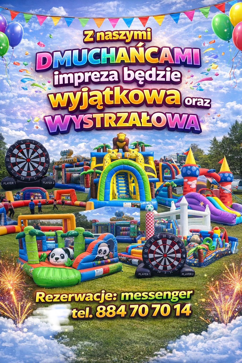 Kolorowe dmuchańce na trawie, z dekoracjami i napisem 'Z naszymi DMUCHAŃCAMI impreza będzie wyjątkowa oraz WYSTRZAŁOWA'. Widoczne balony i fajerwerki.