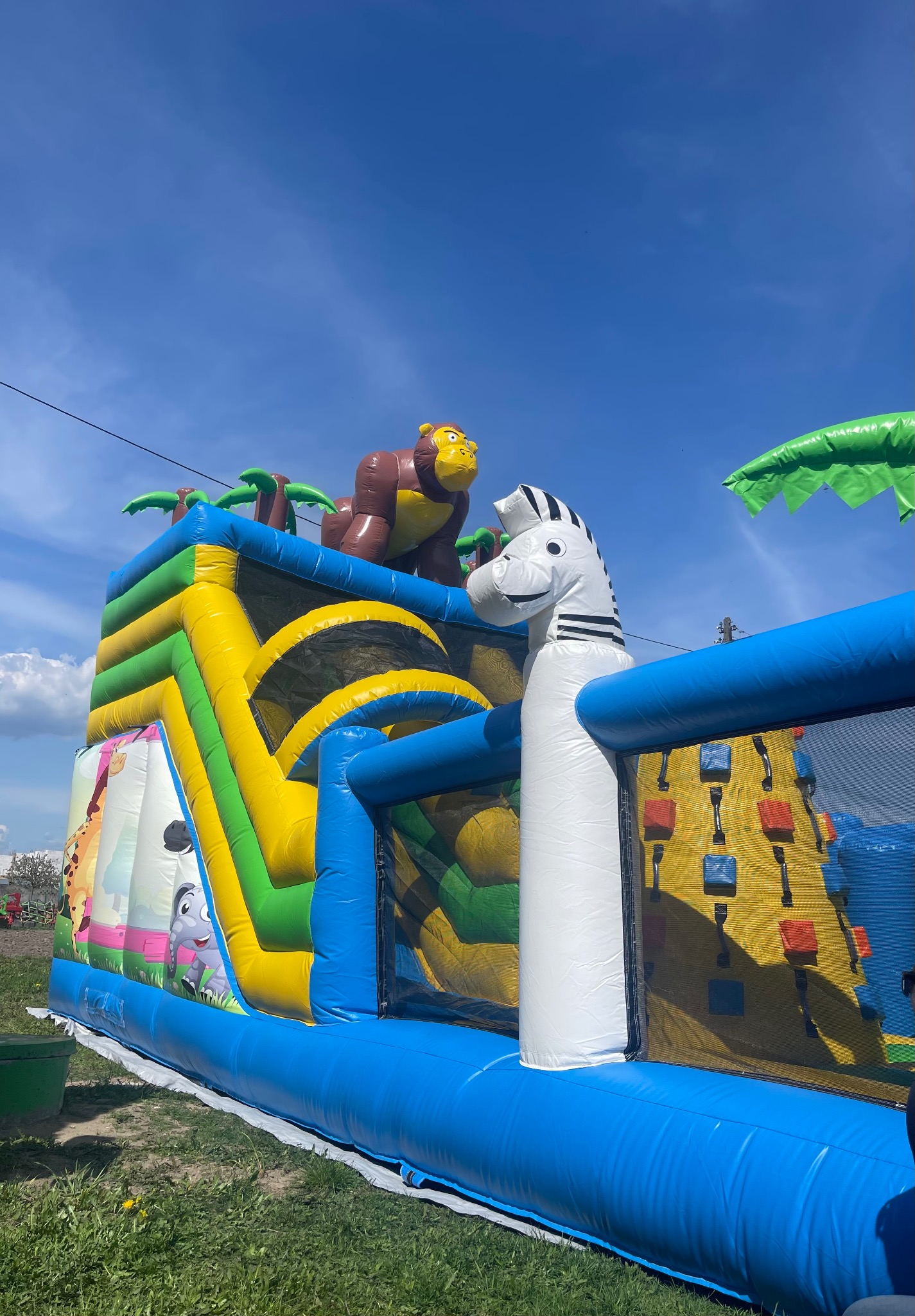 Kolorowy dmuchany zamek z motywem dżungli, małpą i zebrą na szczycie, oraz ścianką wspinaczkową. Błękitne niebo w tle, zielona trawa na dole. Ujęcie z dołu.