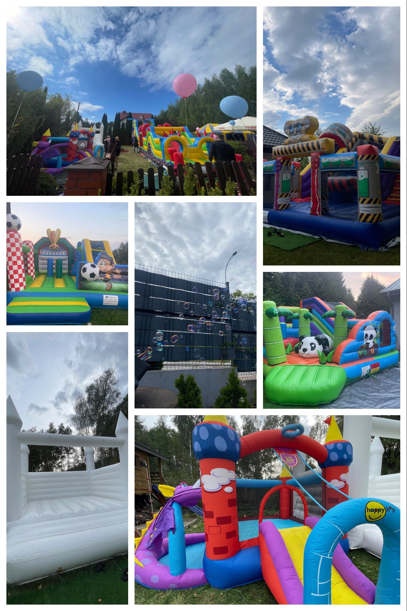 Kolorowe dmuchańce na trawie, różnorodne wzory i kształty, w tle drzewa i niebo z chmurami. Widoczne balony i bańki mydlane, tworzące radosną atmosferę.