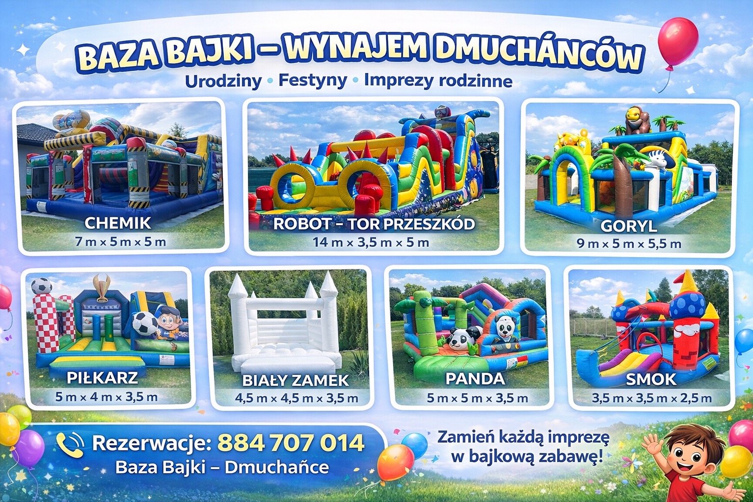 Oferta wynajmu dmuchańców Baza Bajki: Chemik, Robot-Tor Przeszkód, Goryl, Piłkarz, Biały Zamek, Panda, Smok. Kolorowe konstrukcje o różnych wymiarach na imprezy.