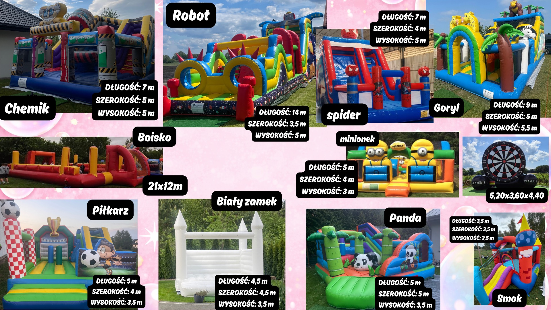 Zestawienie dmuchańców o różnych motywach: robot, chemik, boisko, piłkarz, zamek, panda, smok, goryl, spider, minionek. Każdy z nich ma podane wymiary.