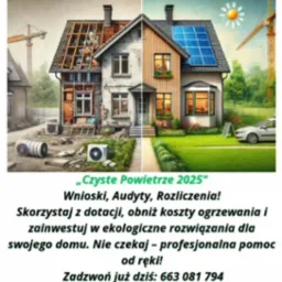 Ilustracja domu przed i po termomodernizacji z panelami słonecznymi, z hasłem 'Czyste Powietrze 2025', w tle żurawie budowlane.