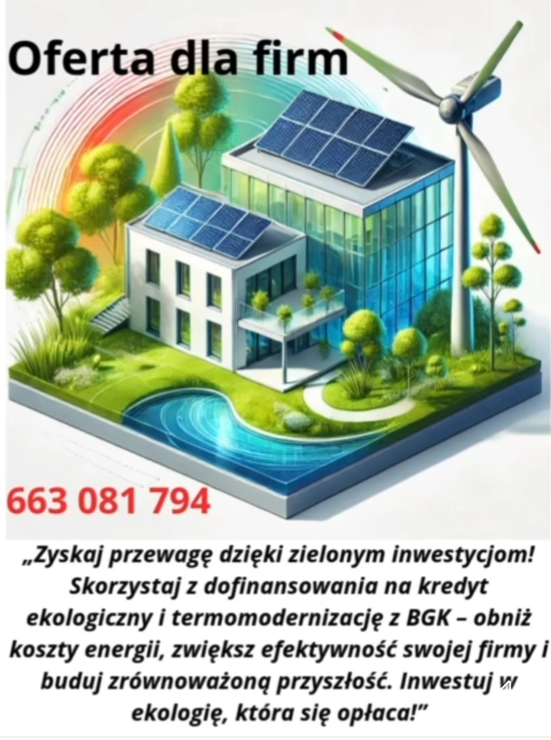 Wizualizacja nowoczesnego domu z panelami słonecznymi i turbiną wiatrową, otoczonego zielenią i wodą, promująca ekologiczne inwestycje dla firm.