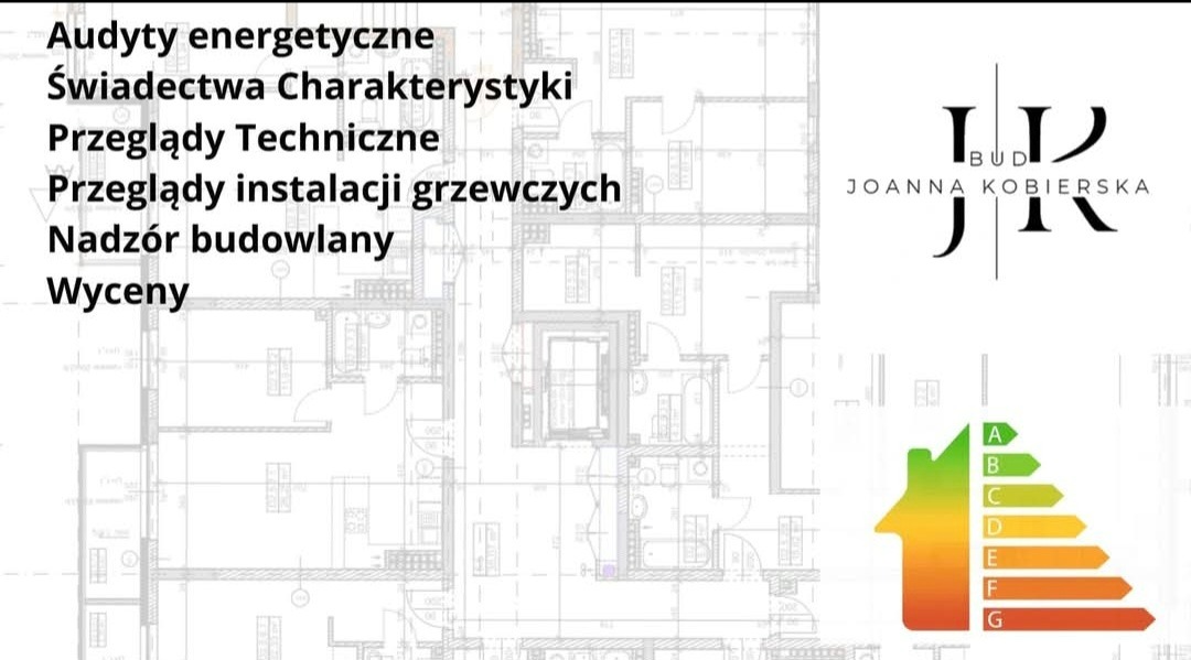 Plan architektoniczny budynku z listą usług: audyty energetyczne, świadectwa charakterystyki energetycznej, przeglądy techniczne, przeglądy instalacji grzewczych, nadzór budowlany, wyceny oraz logo...