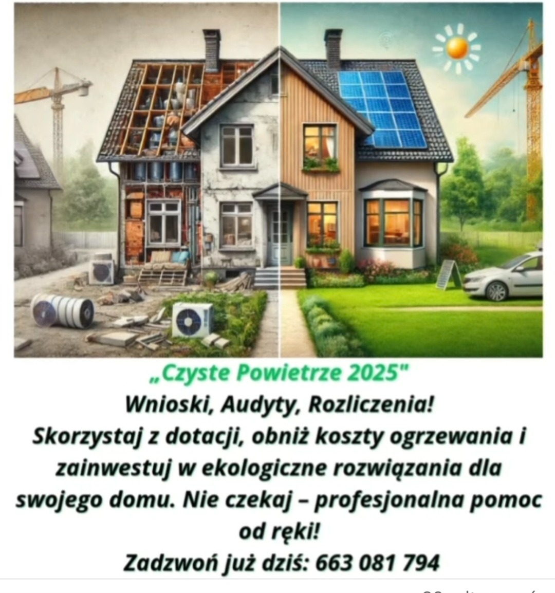 Ilustracja domu przed i po termomodernizacji z panelami słonecznymi, z hasłem 'Czyste Powietrze 2025', w tle żurawie budowlane.