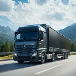 Czarny ciągnik siodłowy Mercedes-Benz Actros z naczepą na asfaltowej drodze z barierkami, w tle górski krajobraz pod błękitnym niebem z chmurami.