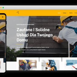 Łukasz Bitniok Klikwww - Prezentacja responsywnej strony internetowej na laptopie i smartfonie, prezentująca usługi remontowe, z motywem 'Złota Rączka w Twoim Domu' i zdjęciem dekarza przy pracy.