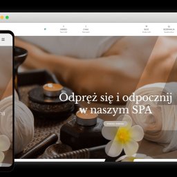 Łukasz Bitniok Klikwww - Responsywny wygląd strony internetowej SPA na ekranie laptopa i smartfona, z widocznymi elementami nawigacji i treścią 'Odpręż się i odpocznij w naszym SPA', świecami, kwiatami i ręcznikami.