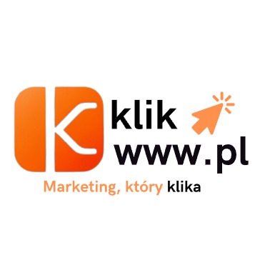 Logo firmy Klikwww.pl z pomarańczowym gradientem i kursorem myszy, slogan 'Marketing, który klika' w kolorze pomarańczowym.