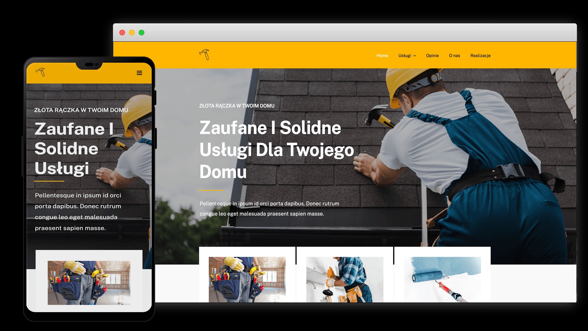 Prezentacja responsywnej strony internetowej na laptopie i smartfonie, prezentująca usługi remontowe, z motywem 'Złota Rączka w Twoim Domu' i zdjęciem dekarza przy pracy.