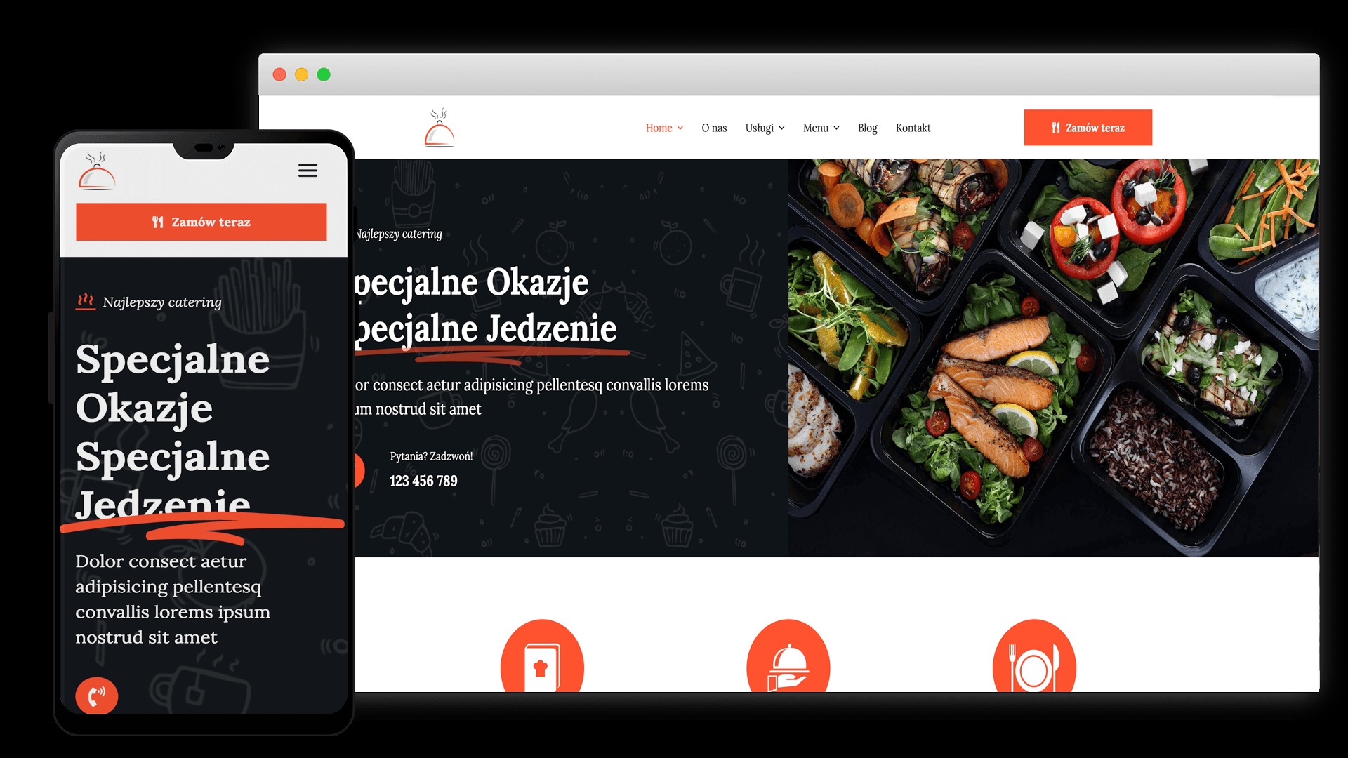 Prezentacja responsywnej strony internetowej na monitorze i smartfonie, z motywem cateringowym, wyświetlająca zdjęcia dań i teksty o specjalnych okazjach.