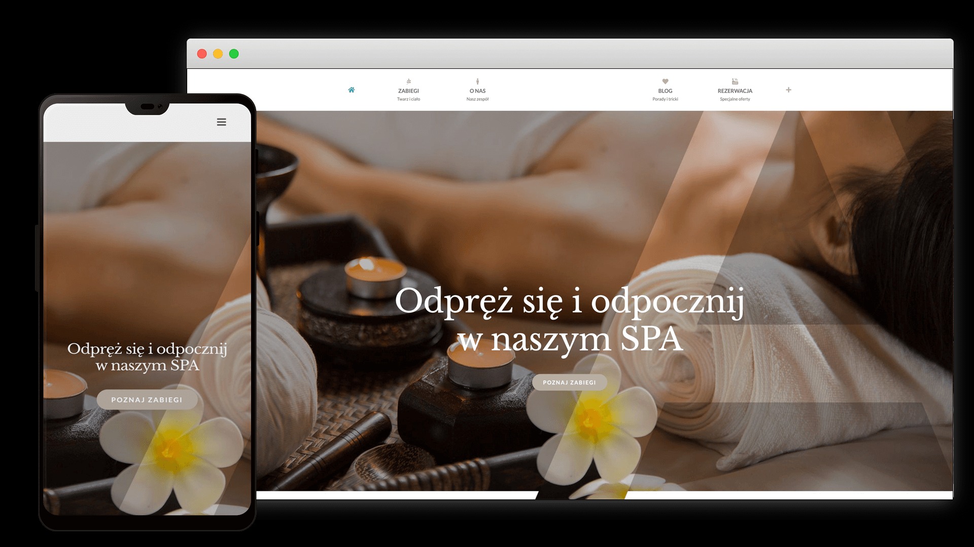 Responsywny wygląd strony internetowej SPA na ekranie laptopa i smartfona, z widocznymi elementami nawigacji i treścią 'Odpręż się i odpocznij w naszym SPA', świecami, kwiatami i ręcznikami.