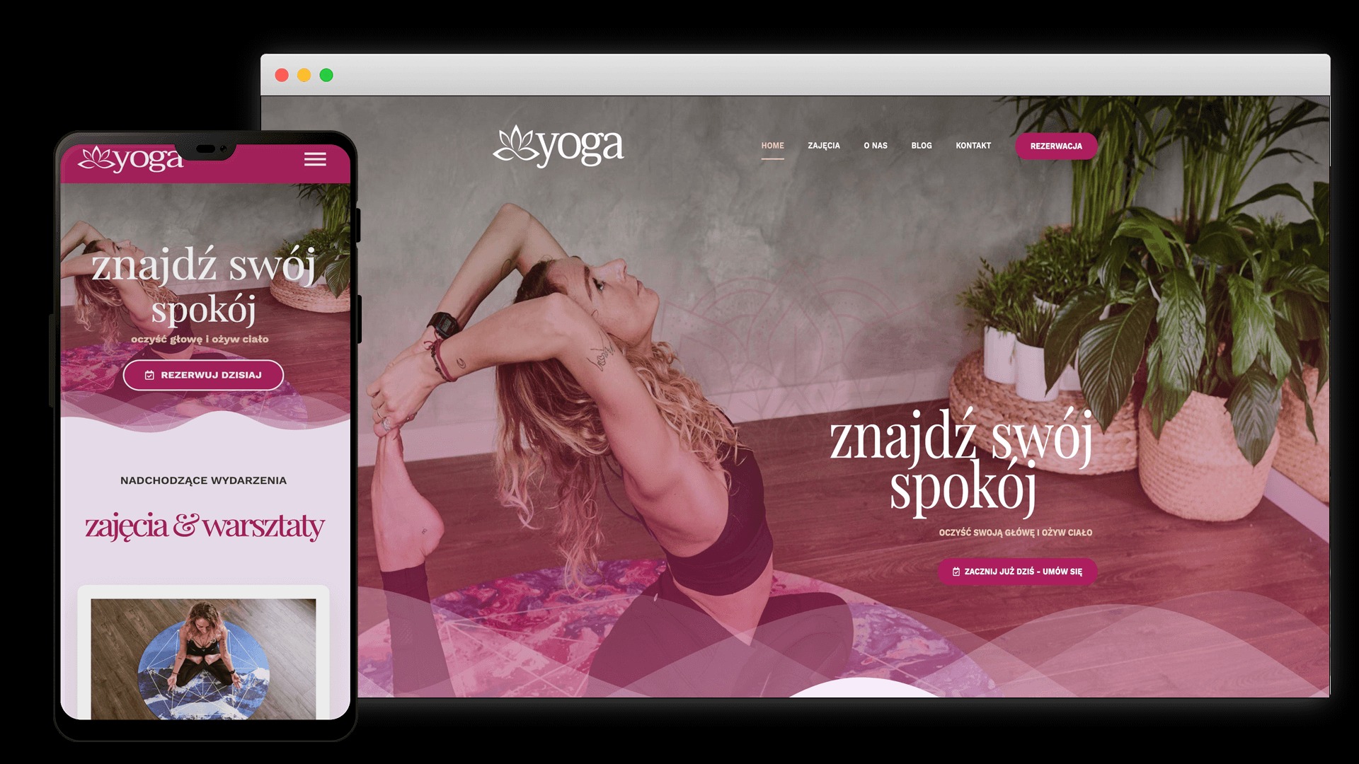Responsywna strona internetowa z motywem jogi wyświetlana na laptopie i smartfonie, prezentująca hasło 'Znajdź swój spokój' i opcje rezerwacji zajęć.