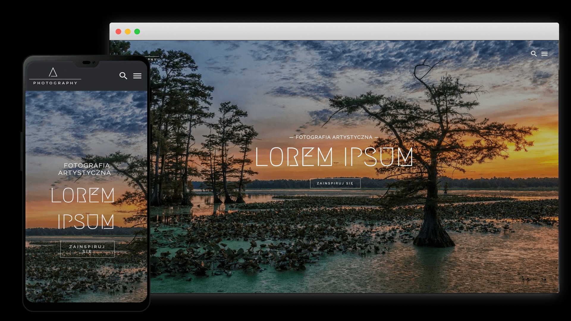 Responsywny projekt strony internetowej o tematyce fotograficznej, wyświetlany na ekranie smartfona i monitora, z motywem zachodu słońca nad jeziorem i drzewami.