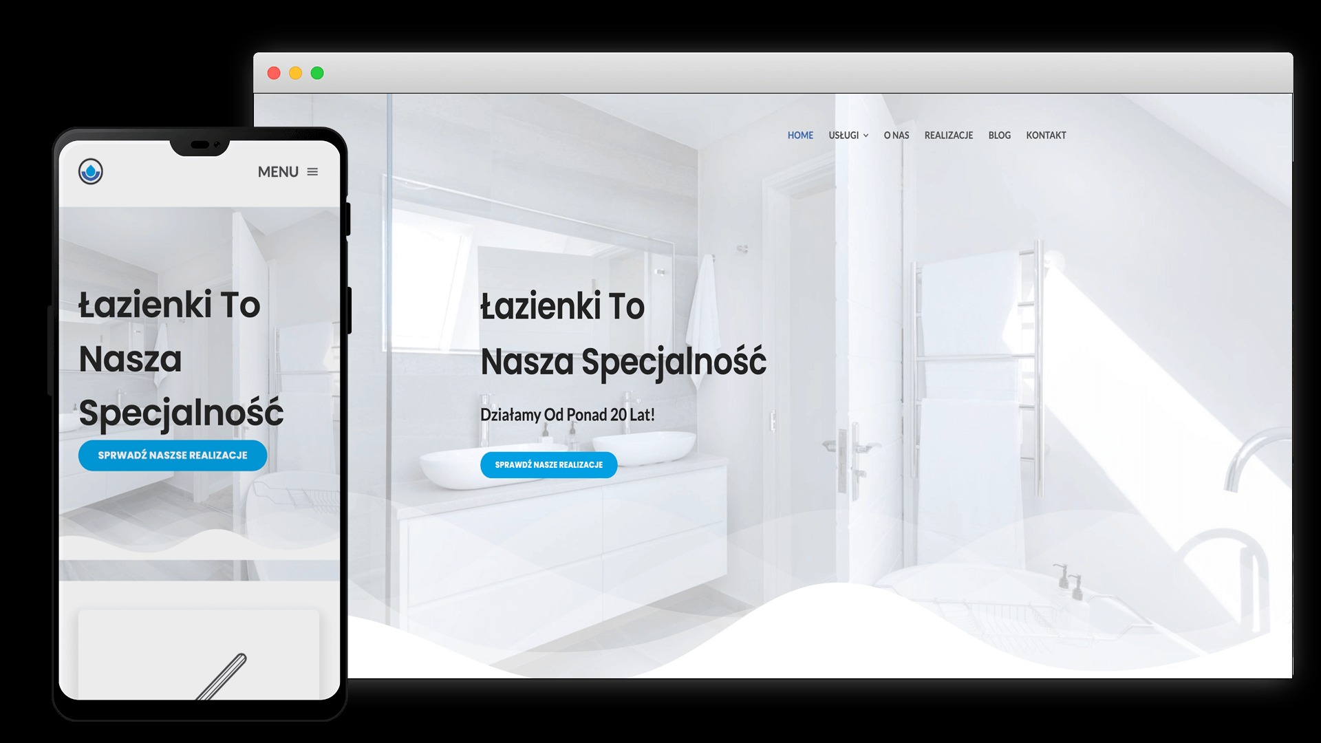 Responsywna strona internetowa na ekranie laptopa i smartfona, prezentująca ofertę firmy specjalizującej się w aranżacji łazienek, z hasłem 'Łazienki To Nasza Specjalność' i przyciskiem 'Sprawdź...