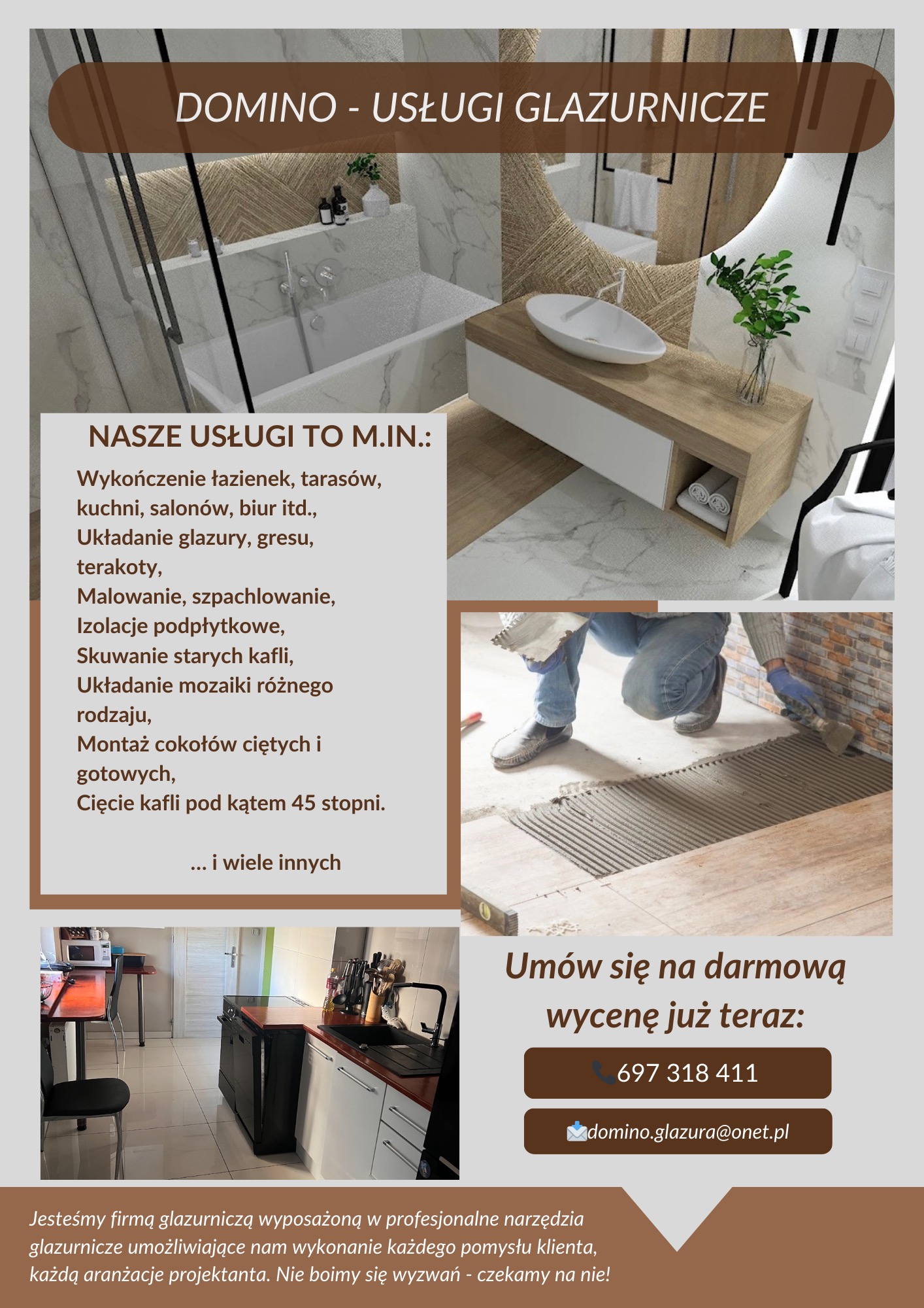 Mężczyzna w jeansach i rękawicach układa płytki podłogowe, rozprowadzając klej pacą zębatą. W tle wizualizacja łazienki z wanną, umywalką i lustrem. Na dole zdjęcie wykończonej kuchni. Reklama...