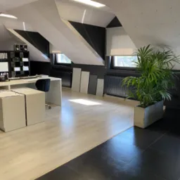 Jasne biuro na poddaszu z biurkiem, szafkami, regałem na dokumenty, rośliną doniczkową i szarą sofą; charakterystyczne skośne sufity z elementami wykończeniowymi w kolorze czarnym.