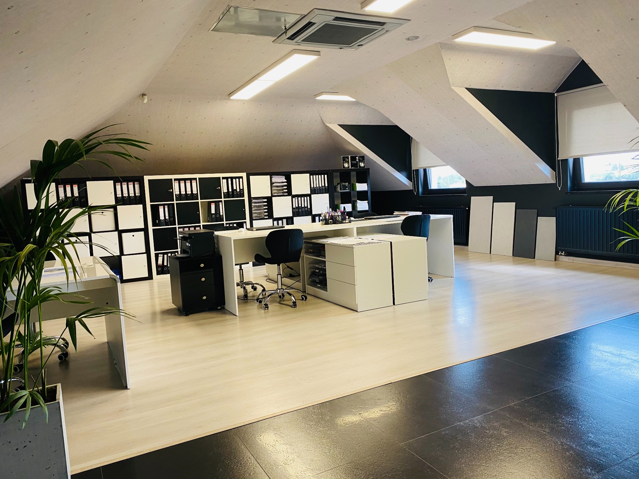 Jasne biuro na poddaszu z biurkami, regałami z segregatorami, rośliną doniczkową i panelami akustycznymi przy ścianie.