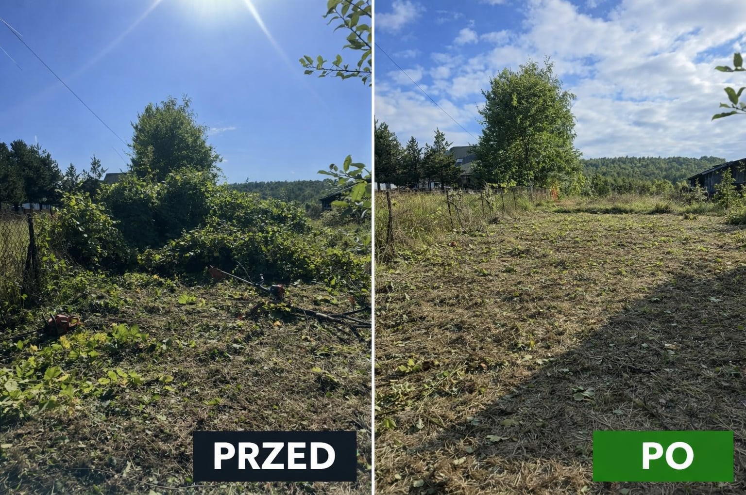 Zdjęcie 'przed i po' koszenia trawy na działce. Po lewej zarośnięty teren, po prawej skoszona trawa. Widoczne narzędzia ogrodnicze i drzewa w tle.
