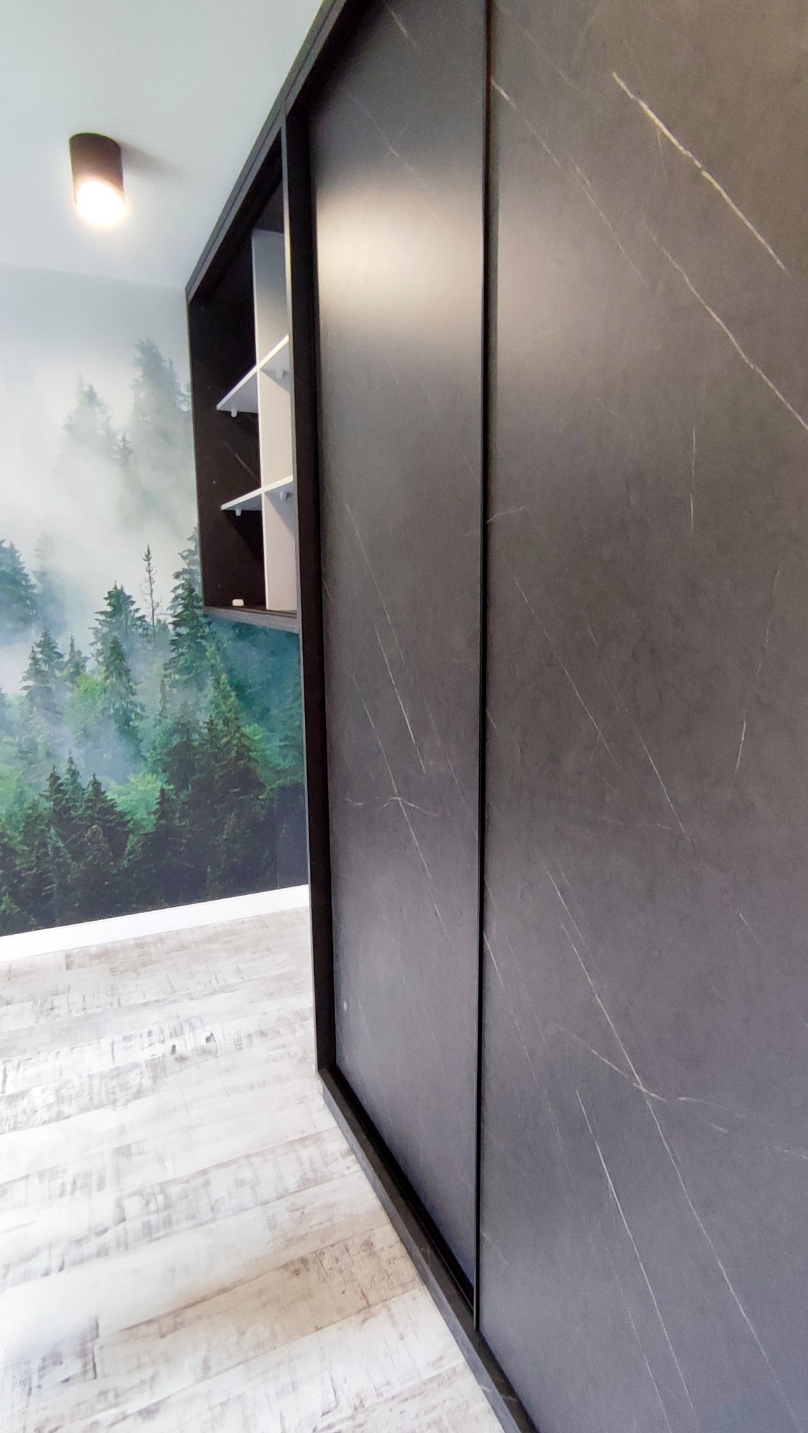 Wnętrze z szafą przesuwną o ciemnoszarych frontach imitujących marmur, widoczny fragment półek i fototapeta z motywem leśnym w tle, jasna podłoga.
