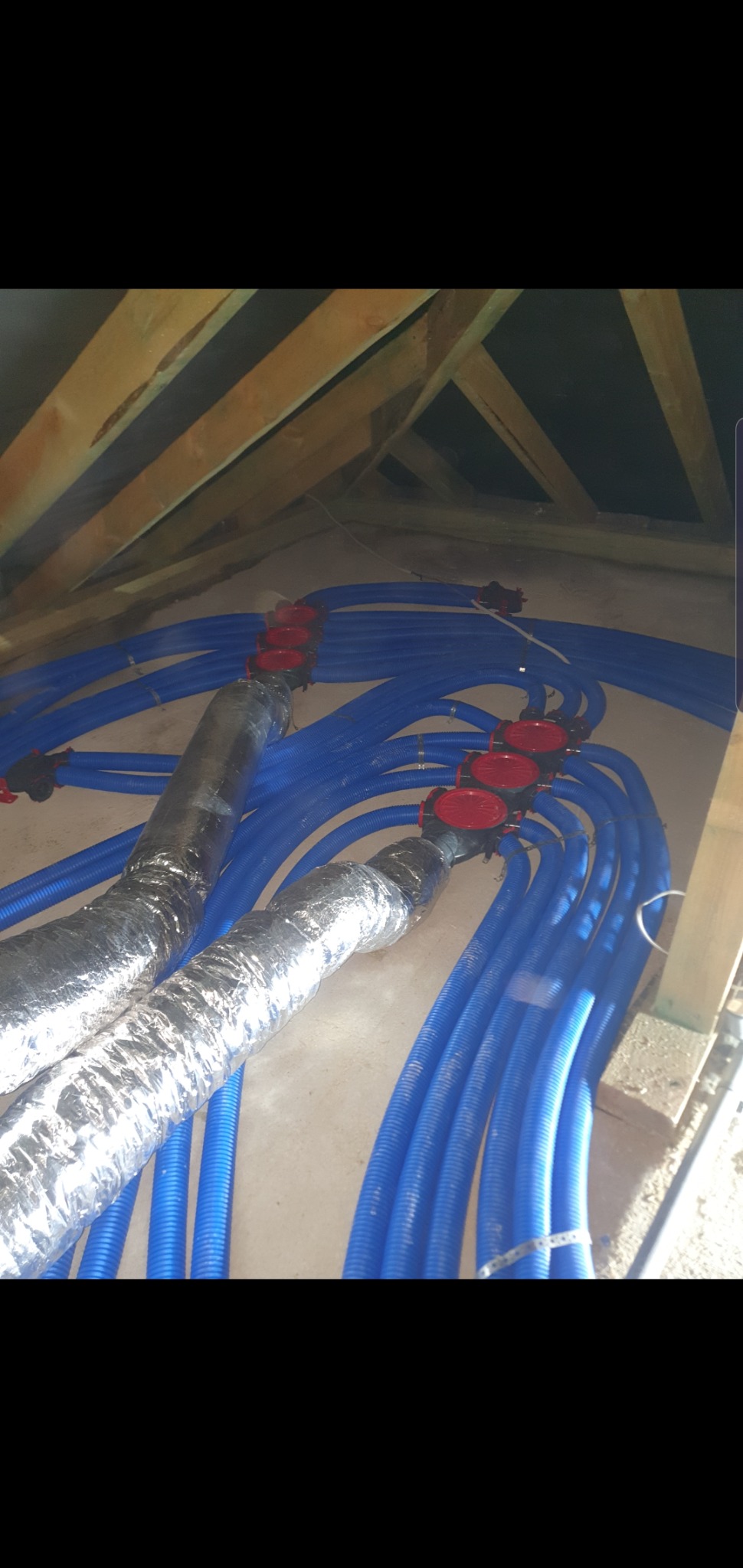 Rozprowadzenie niebieskich rur wentylacyjnych z czerwonymi zaworami w przestrzeni poddasza, widoczne drewniane elementy konstrukcji dachu i fragment izolowanego przewodu wentylacyjnego.