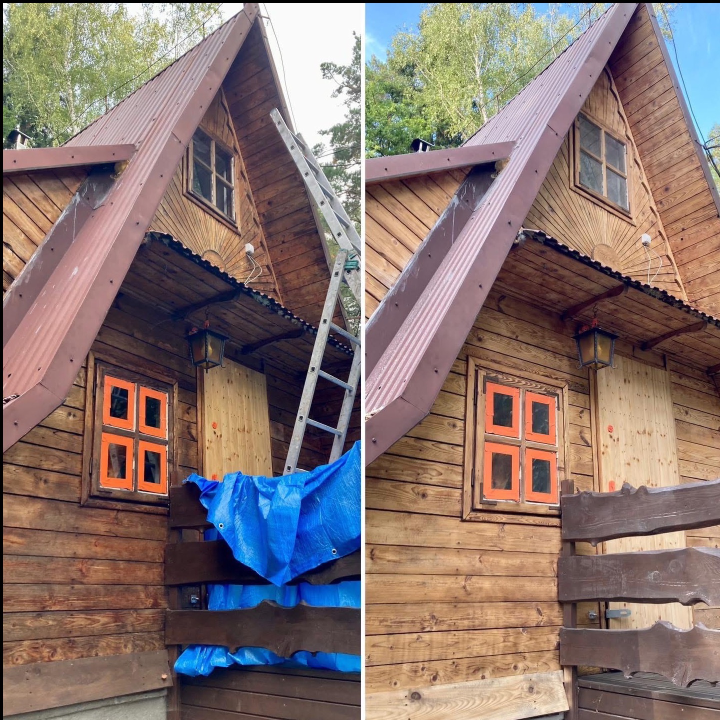 Dwie wersje tego samego drewnianego domu typu A-frame: po lewej przed czyszczeniem, z niebieską plandeką i drabiną, po prawej po czyszczeniu, ukazująca odświeżony wygląd drewna.