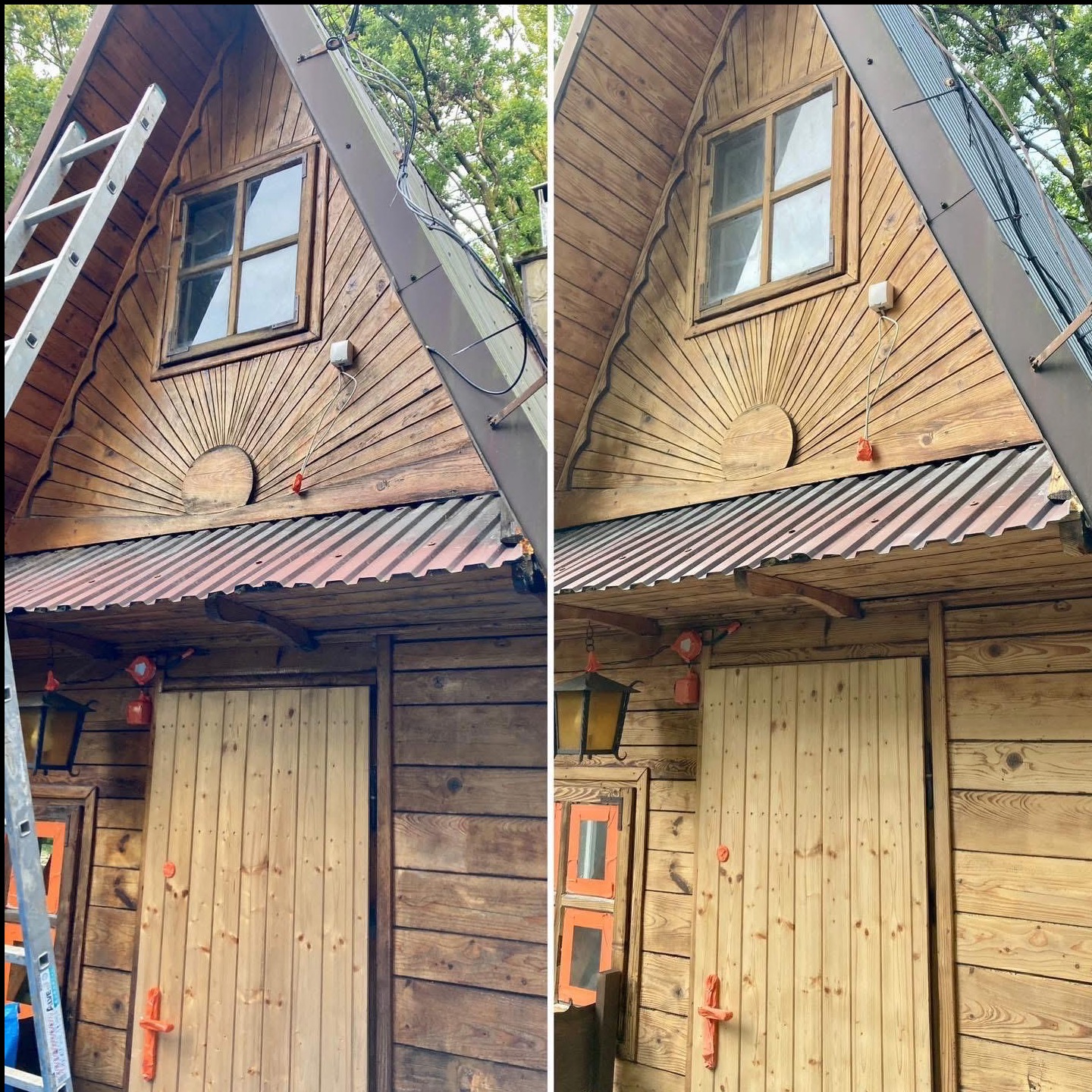 Porównanie stanu drewnianej chaty przed i po czyszczeniu: lewa strona brudna, prawa odświeżona, widoczna drabina i detale architektoniczne.