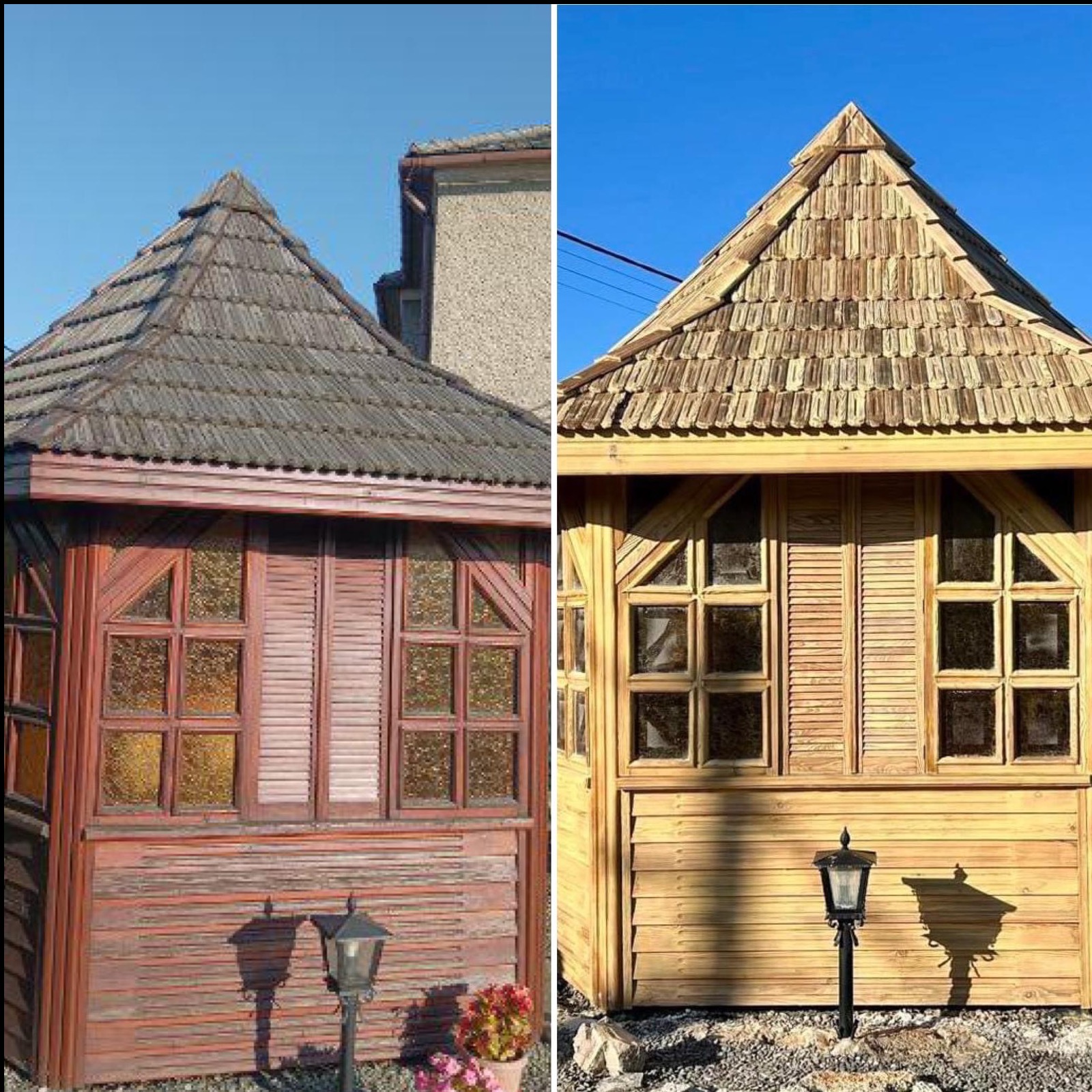 Porównanie altany ogrodowej przed i po odświeżeniu: po lewej stronie drewno pokryte ciemnym nalotem, po prawej odnowione, jasne drewno z nowym pokryciem dachu.