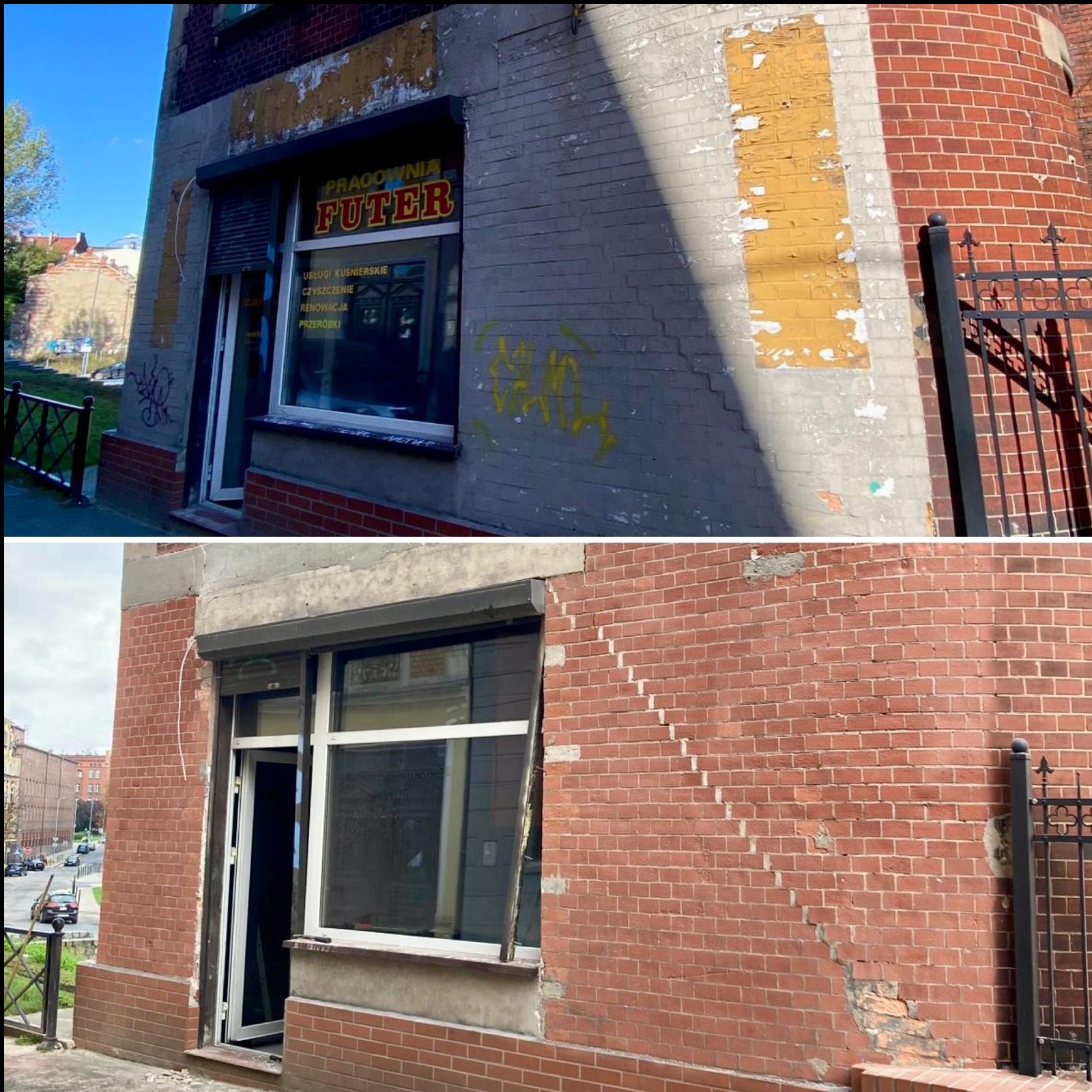 Dwa ujęcia budynku przed i po renowacji elewacji. Na górnym zdjęciu widoczna szara, brudna ściana z graffiti i resztkami farby. Na dolnym zdjęciu odnowiona, czysta elewacja z czerwonej cegły.